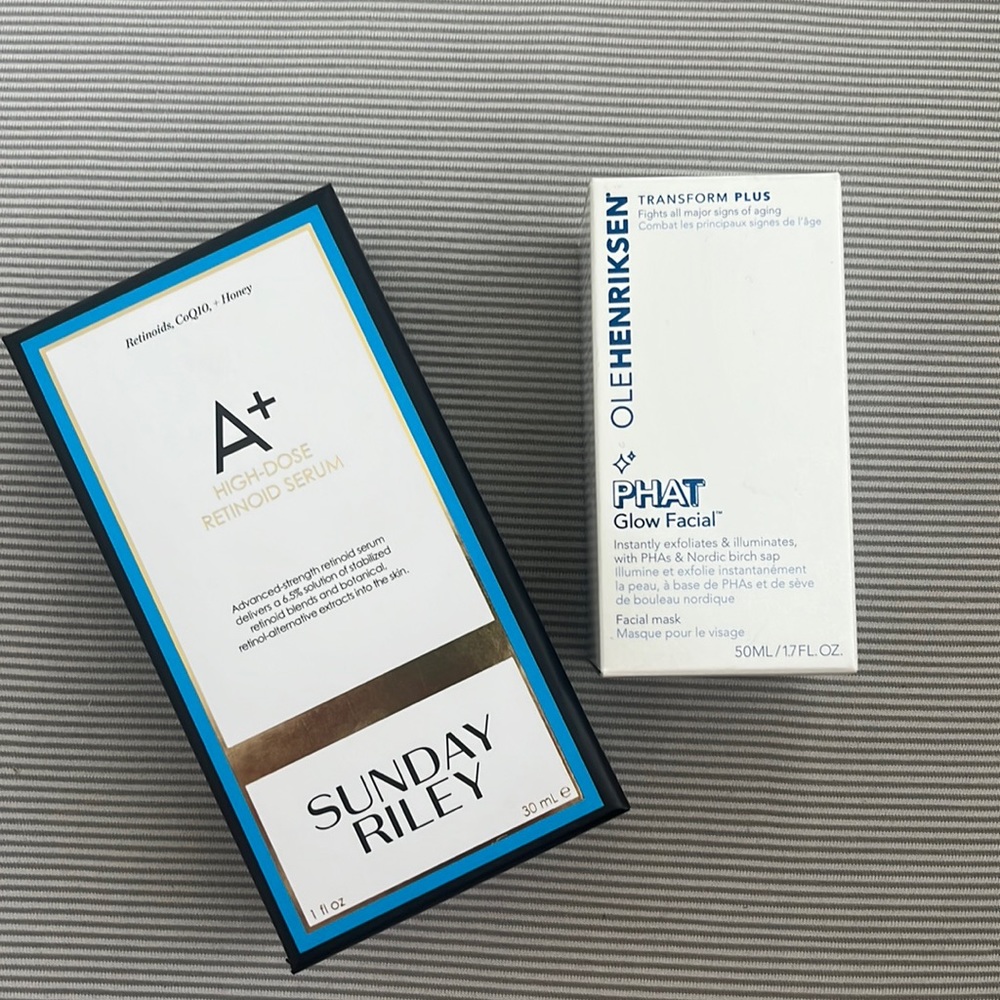 Sunday Riley A+ high dose retinoid serum and Ole Hendrickson Phat Glow Facial